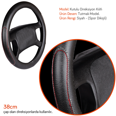 NYF F-54 Geçmeli Direksiyon Kılıfı Tutmalı Spor Dikiş Siyah 38 cm