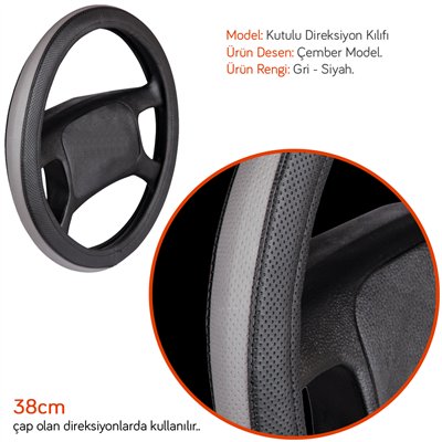 NYF F-68 Geçmeli Direksiyon Kılıfı Çember Gri-Siyah 38 cm
