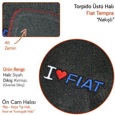 NYF Fiat Tempra/Tipo Nakışlı Ön Cam Halısı Kırmızı Dikişli