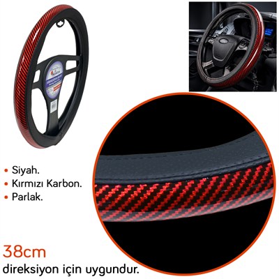 NYF FX-001 Geçmeli Direksiyon Kılıfı Çember Parlak Karbon Kırmızı 38 cm
