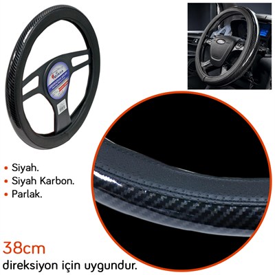 NYF FX-003 Geçmeli Direksiyon Kılıfı Çember Parlak Karbon Siyah 38 cm
