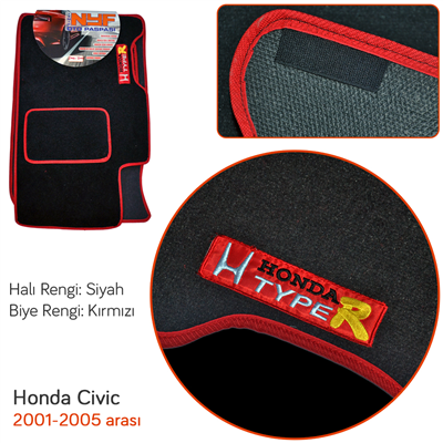 NYF Honda Civic 2001-2005 Siyah Halı Paspas (Biye Kırmızı)