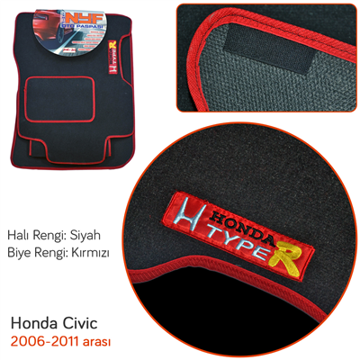 NYF Honda Civic 2006-2011 Siyah Halı Paspas (Biye Kırmızı)