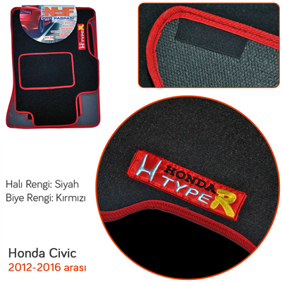 NYF Honda Civic 2012-2016 Siyah Halı Paspas (Biye Kırmızı)