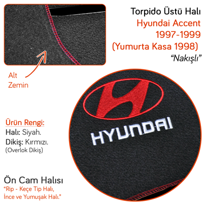 NYF Hyundai Accent 1997-1999 (Yumurta Kasa) Nakışlı Ön Cam Halısı Kırmızı Dikişli