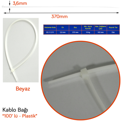 NYF Kablo Bağı Plastik Beyaz 3,6 x 370 mm 100 lü (Nylon 6.6)