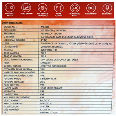 NYF MB-400 Wevolt DVR Kayıt Cihazı Araç İçi 4 inç Ekranlı Üç Kameralı (32 GB Destekli)