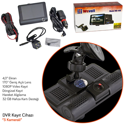 NYF MB-400 Wevolt DVR Kayıt Cihazı Araç İçi 4 inç Ekranlı Üç Kameralı (32 GB Destekli)