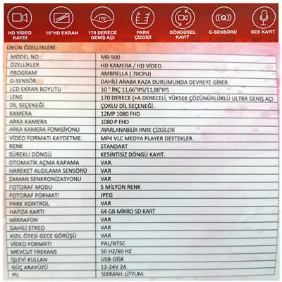 NYF MB-500 Wevolt DVR Kayıt Cihazı 10 inç Dikiz Ayna Ekranlı Çift Kameralı (128 GB Destekli)
