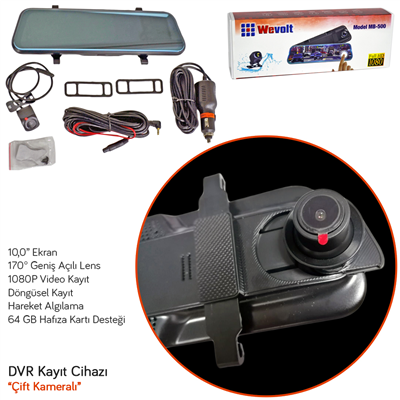 NYF MB-500 Wevolt DVR Kayıt Cihazı 10 inç Dikiz Ayna Ekranlı Çift Kameralı (128 GB Destekli)