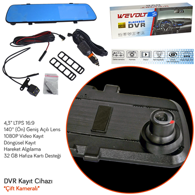 NYF MB-600 Wevolt DVR Kayıt Cihazı Araç İçi 4,3 inç Dikiz Ayna Ekranlı Çift Kameralı (32 GB Destekli