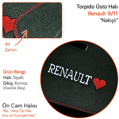 NYF Renault 9/11 Nakışlı Ön Cam Halısı Kırmızı Dikişli