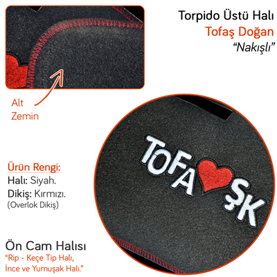 NYF Tofaş Doğan-Şahin (Alçak Torpido) Nakışlı Ön Cam Halısı Kırmızı Dikişli