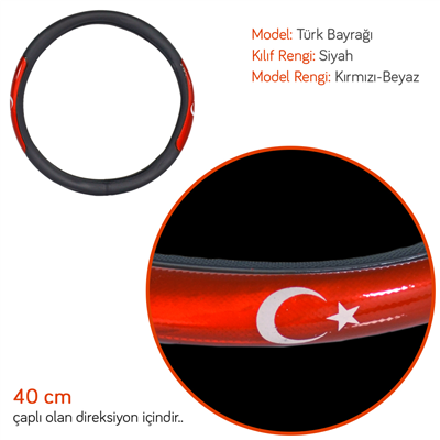 Pmx Geçmeli Direksiyon Kılıfı Fosforlu Siyah (Türk Bayrağı) 40 cm TEQ-002BK/RD