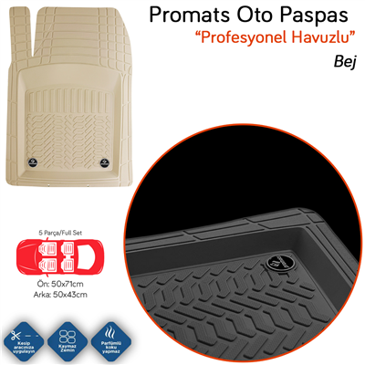 Promats Profesyonel 3D Bej Üniversal Havuzlu Paspas 5 Parça