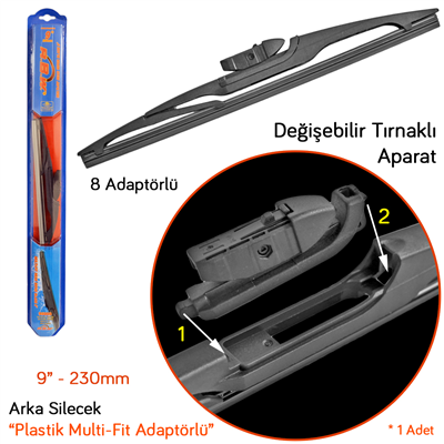RBW 95009 Plastik Multi-Fit 8 Adaptörlü 9 inç / 230 mm Arka Silecek