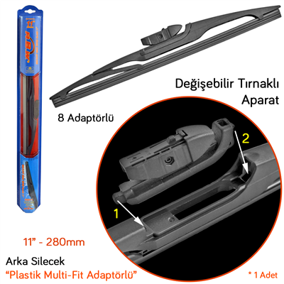 RBW 95011 Plastik Multi-Fit 8 Adaptörlü 11 inç / 280 mm Arka Silecek