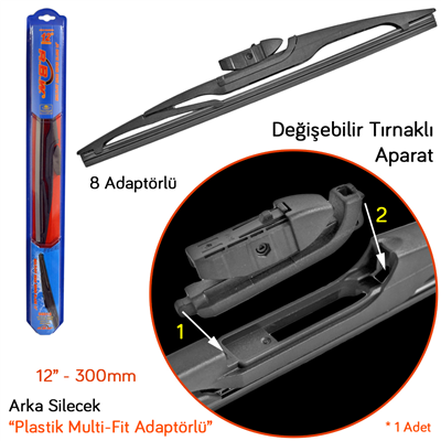 RBW 95012 Plastik Multi-Fit 8 Adaptörlü 12 inç / 300 mm Arka Silecek