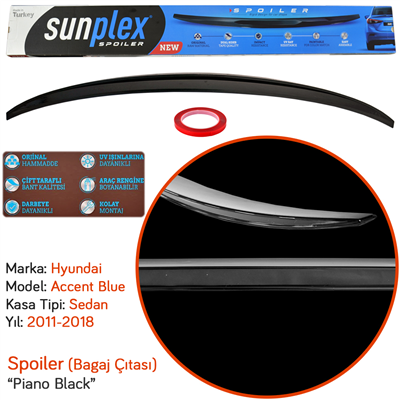 Sunplex Hyundai Accent Blue 2011-2018 Spoiler Bagaj Çıtası Piano Black