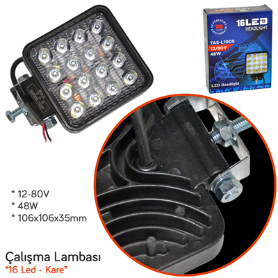 TAS 12-80V Çalışma Lambası Kare 16 Led 48W 106x106x35mm L1005