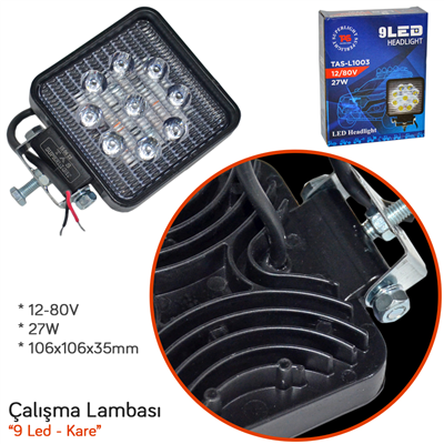 TAS 12-80V Çalışma Lambası Kare 9 Led 27W 106x106x35mm L1003
