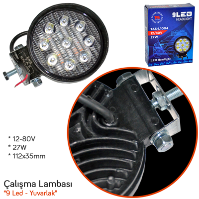 TAS 12-80V Çalışma Lambası Yuvarlak 9 Led 27W 112x35mm L1004