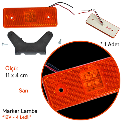 TAS 12V Side Marker Lamba 4 Ledli Sarı Braketli Arka Düz 11x4 cm TAS.003S-12 (2 li)