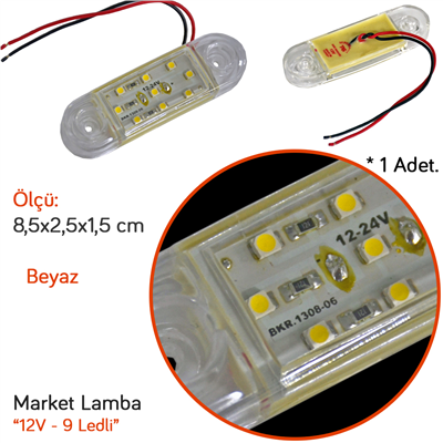 TAS 12V Side Marker Lamba 9 Ledli Beyaz 8,5x2,5 cm TAS.018B-12 (2 li)