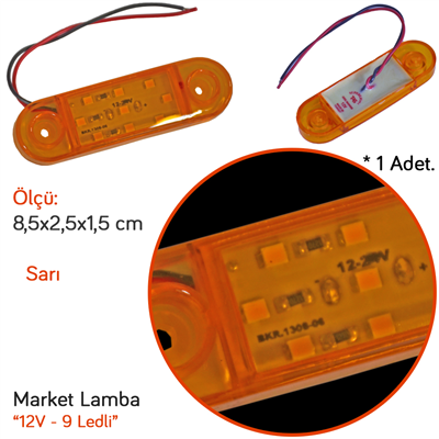 TAS 12V Side Marker Lamba 9 Ledli Sarı 8,5x2,5 cm TAS.018S-12 (2 li)