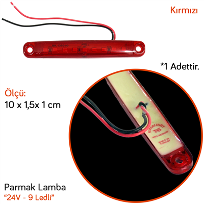 TAS 24V Parmak Lamba 9 Ledli Kırmızı 10x1,5 cm TAS.005K-24 (10 lu)