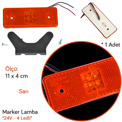 TAS 24V Side Marker Lamba 4 Ledli Sarı Braketli Arka Düz 11x4 cm TAS.003S-24 (2 li)