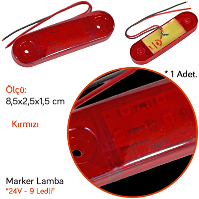 TAS 24V Side Marker Lamba 9 Ledli Kırmızı 8,5x2,5 cm TAS.018K-24 (2 li)
