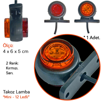 TAS Mini Takoz Düz Lamba 12 Ledli Kırmızı-Sarı BL014KS (2 li)