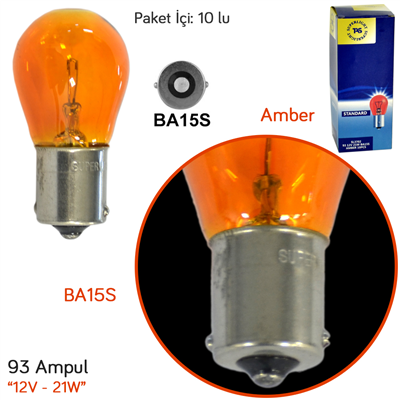 TAS Süperlight 12V 93 Ampul 21W BA15S Amber SL3702 (10 lu)