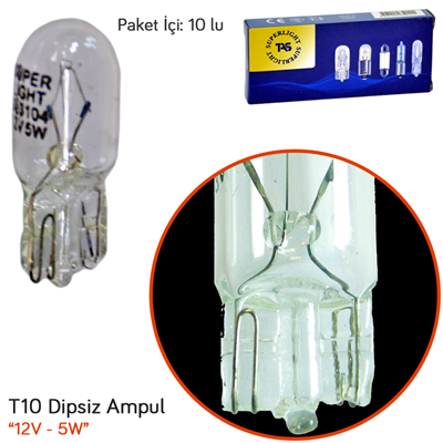 TAS Süperlight 12V T10 Ampul Büyük Dipsiz 5W SL3104 (10 lu)
