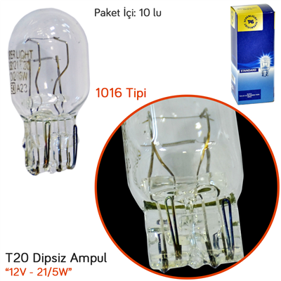 TAS Süperlight 12V T20 Ampul Büyük Dipsiz 21/5W (1016 Tipi) (7515 Md.) SL3121 (10 lu)