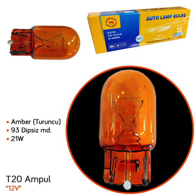 TAS Süperlight 12V T20 Ampul Dipsiz 21W (93 Dipsiz) Orijinal Amber SL3750 (10 lu)