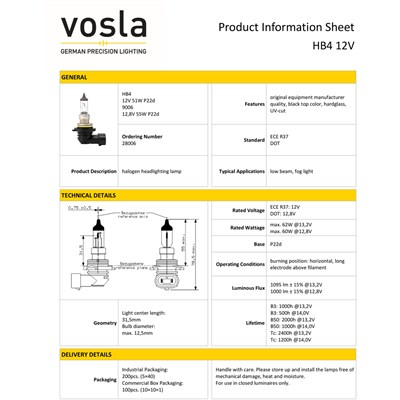 Vosla 12V 9006 HB4 Ampul 51W P22d VS28006 (2 li)