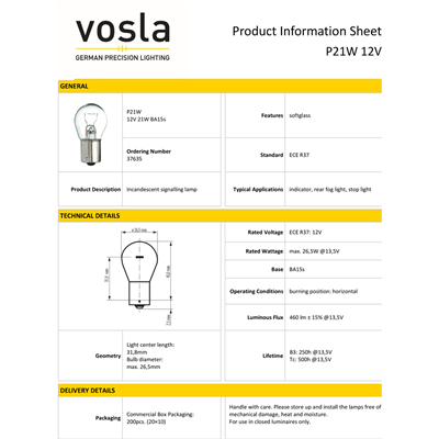 Vosla 12V 93 Ampul 21W BA15s P21W VS37635 (10 lu)