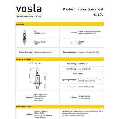 Vosla 12V H1 Ampul 55W P14,5s VS28320 (2 li)