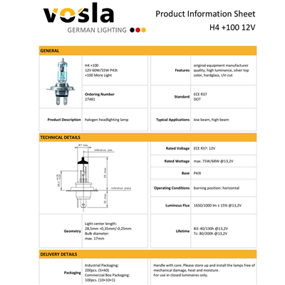 Vosla 12V H4 Ampul 60/55W +100 Fazla Işık P43t VS27481 (2 li)