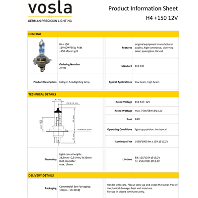 Vosla 12V H4 Ampul 60/55W +150 Fazla Işık P43t VS27491 (2 li)