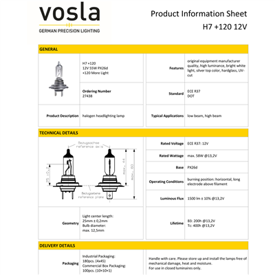 Vosla 12V H7 Ampul 55W +120 Fazla Işık PX26d VS27438 (2 li)