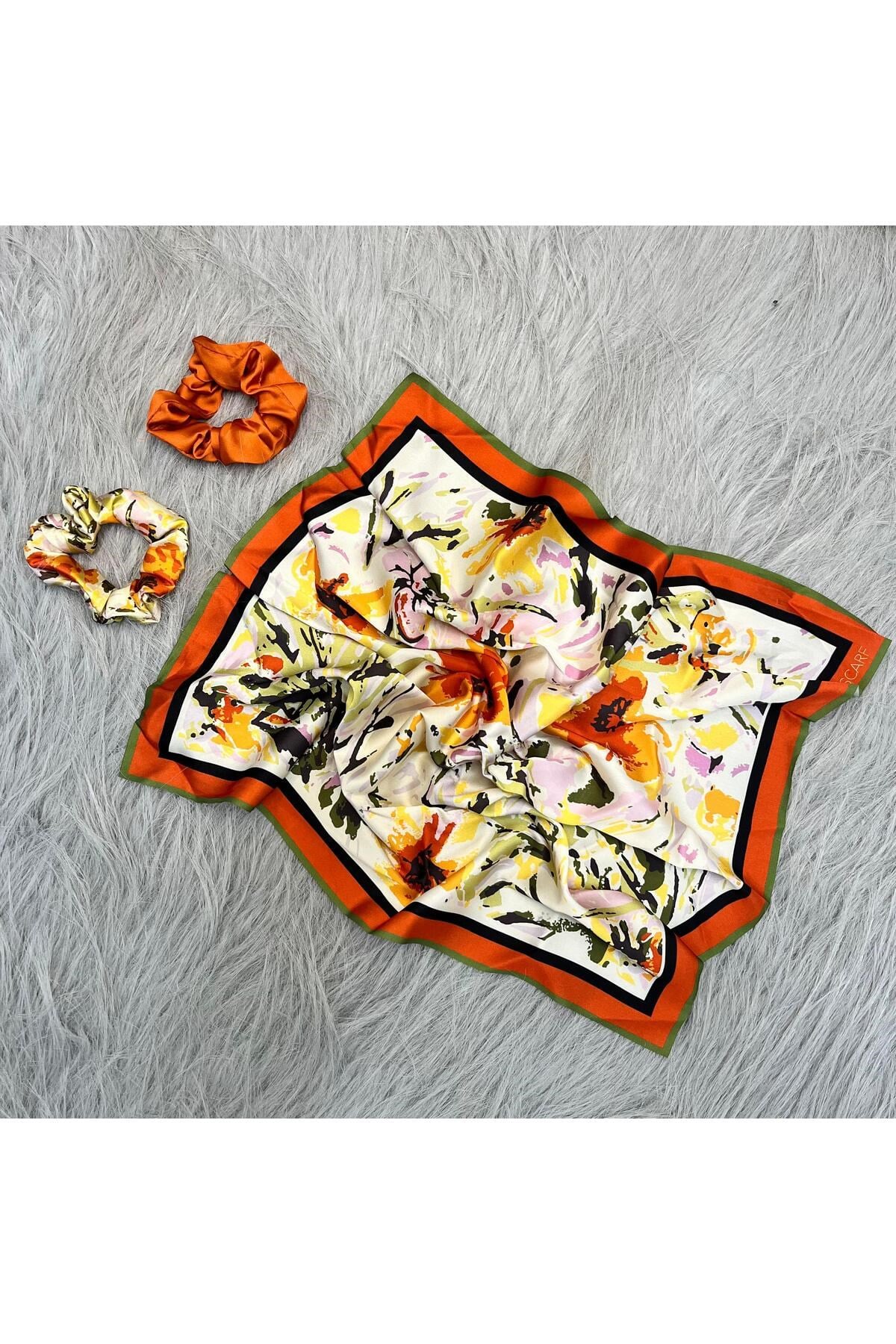Kadın Dijital Baskılı Şifon Saten Fular & Simit Toka Seti – 1 Fular (48×48 cm) + 2 Simit Toka