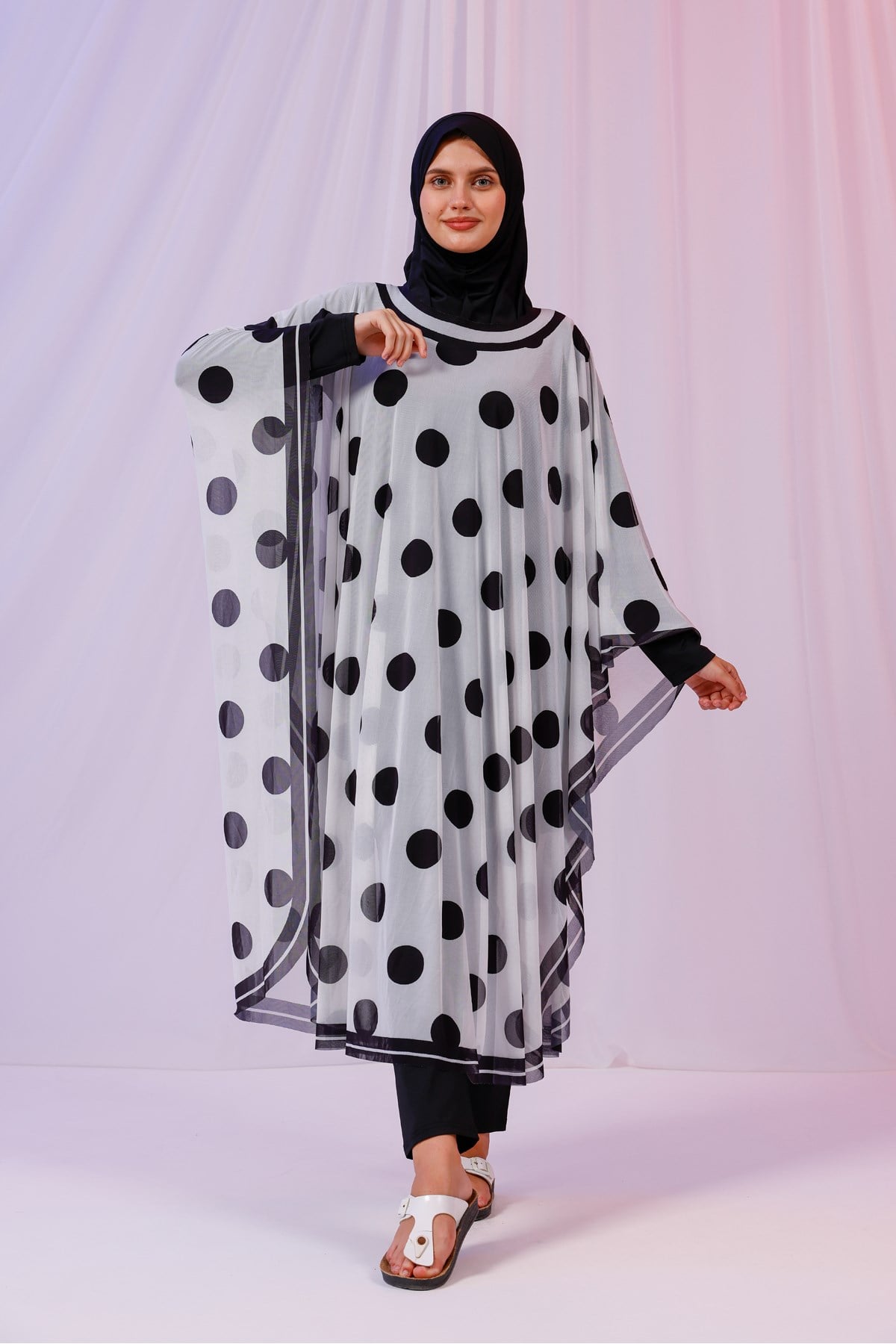 Kimono Pareo - Tesettür Pareo - Puantiyeli Beyaz 240x135 Cm
