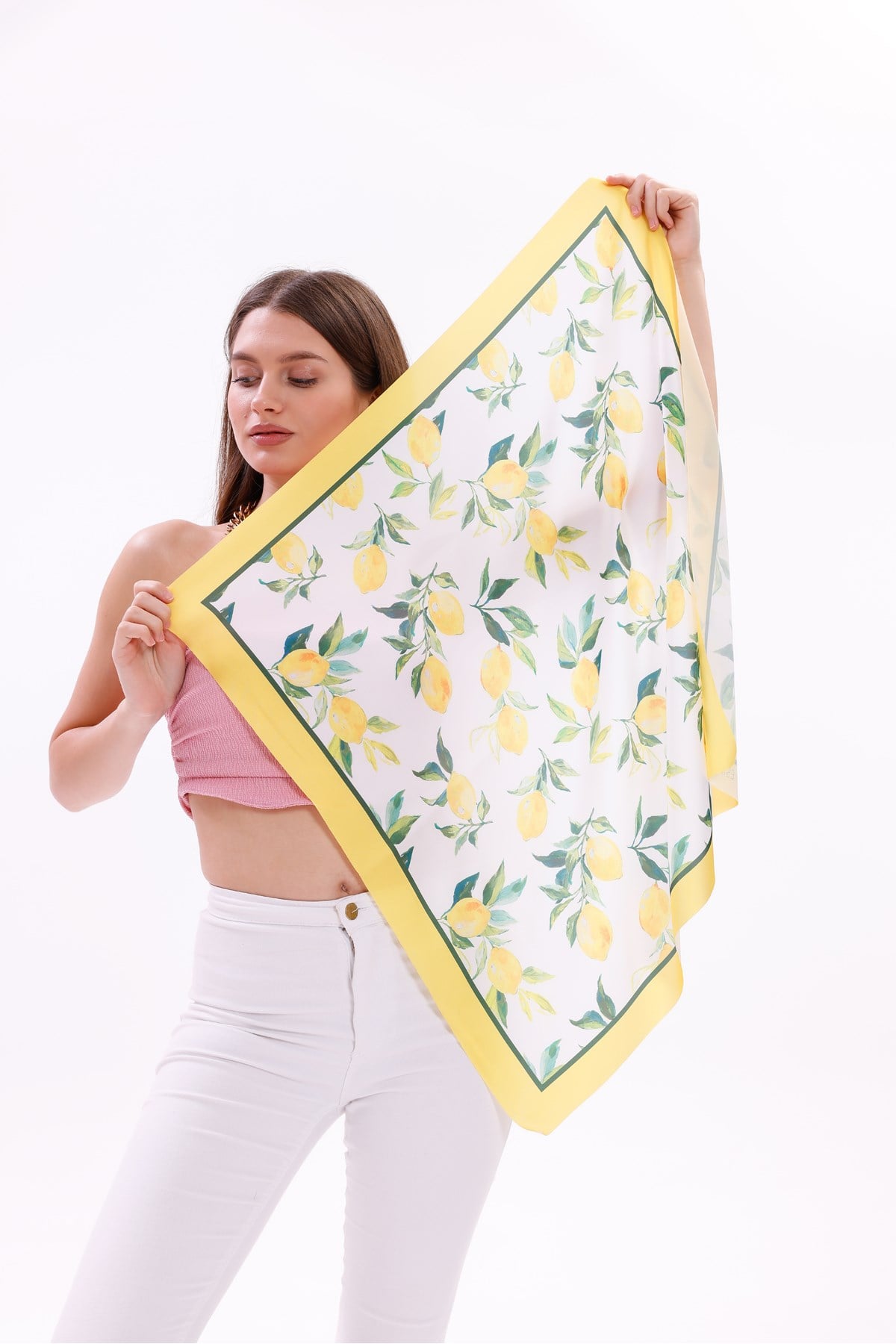 Limon Desenli - Mersin Fular Bandana Şal Estascarf 70x70 Cm