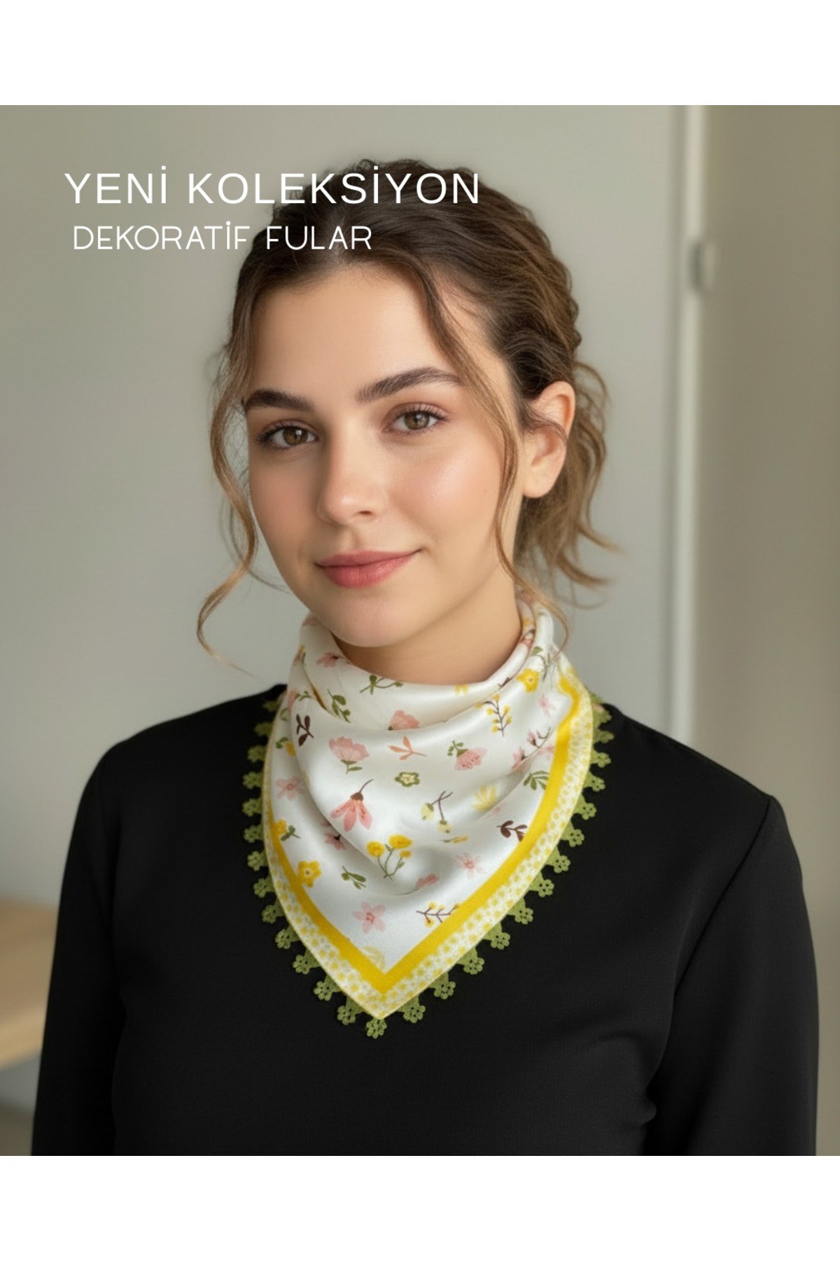 Tarzını Seç Çiçek Desenli Model Dekoratif Kenar Tasarımlı Fular 48x48 cm