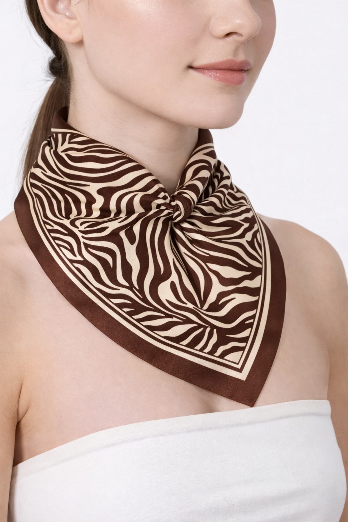 Tarzını Seç Kahverengi Zebra Fular / Bandana / Aksesuar 48x48 cm