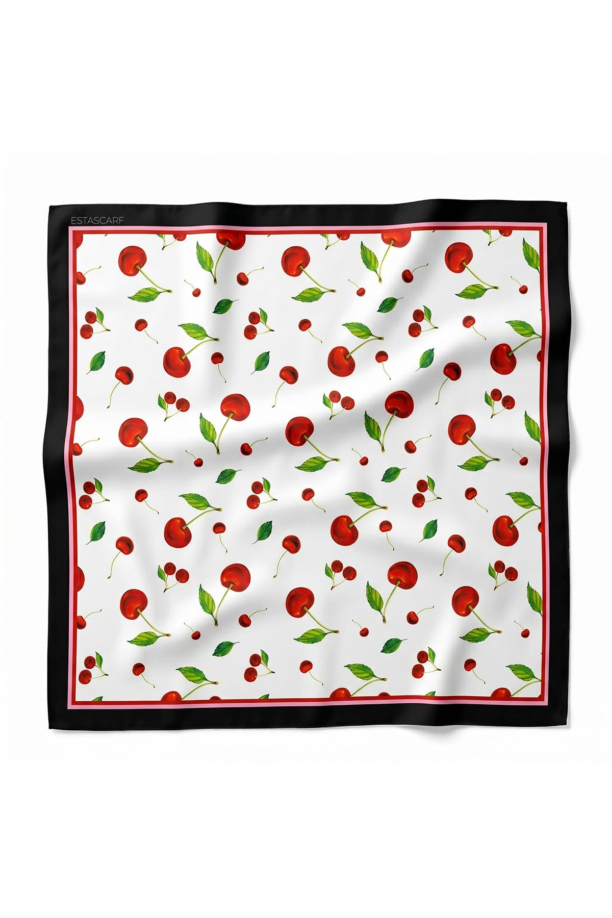 Tarzını Seç Siyah Çerçeveli Kiraz Desenli Fular / Bandana 70x70 cm