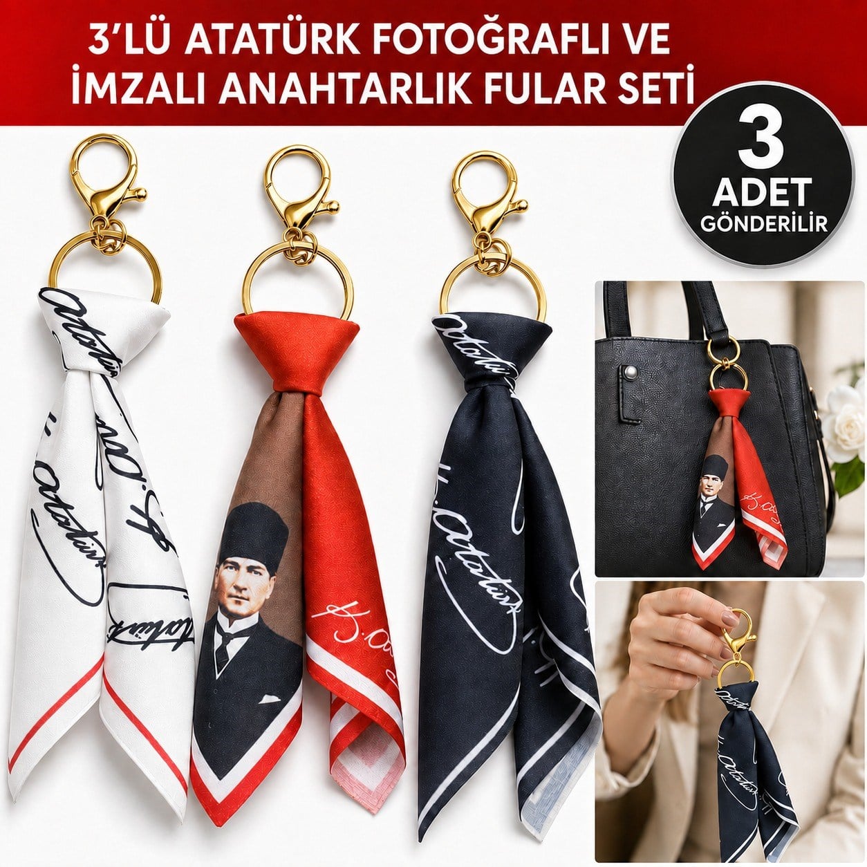 Tarzınıseç 3'lü Atatürk İmzalı Fular Gold Anahtarlık Seti Çanta Aksesuarı